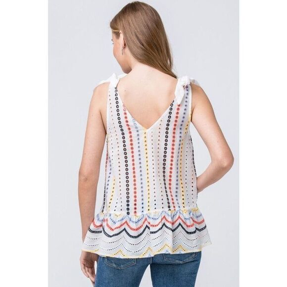 Entro Multicolor Eyelet Sleeveless Peplum Tie-Shoulder Top - Size Medium - Picture 9 of 15